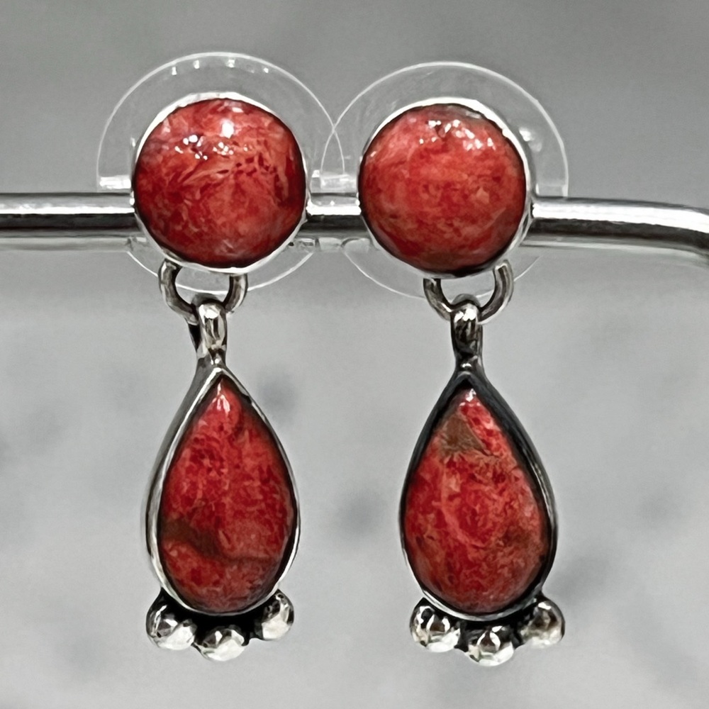 Santa Fe Style Sterling Silver Red Coral Post Dangle BOHO Earrings